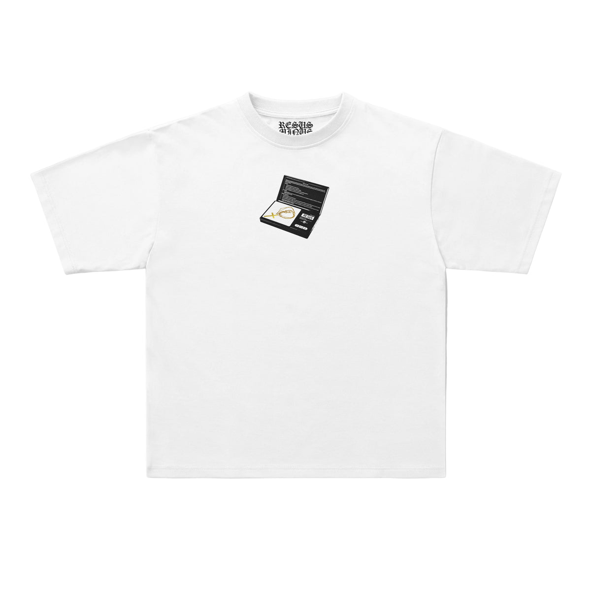 A white short-sleeve crewneck t-shirt with a small graphic of an open black case containing a gold chain on the left chest. The inner neck label shows the brand name 'RESUS'.