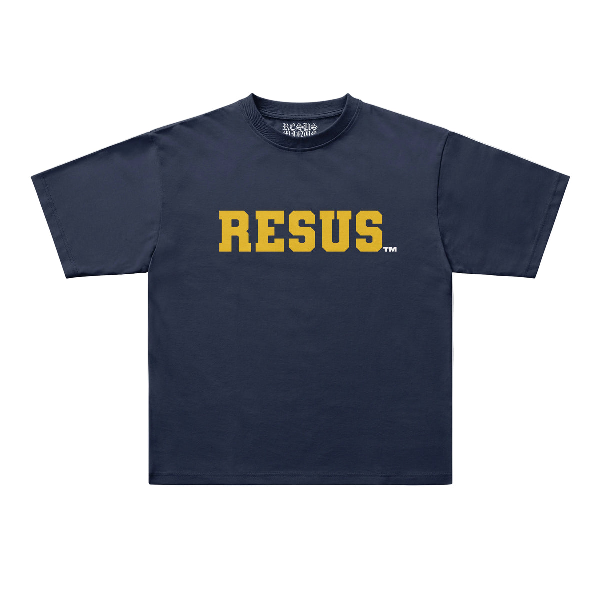 A navy blue short-sleeve t-shirt with the word 'RESUS' printed across the chest in bold yellow varsity-style letters, shown on a light gray background.