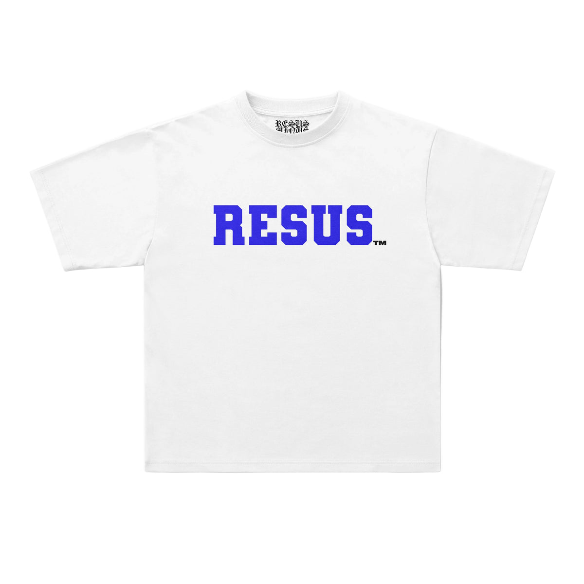 A white short-sleeve t-shirt with the word 'RESUS' printed across the chest in bold blue block letters, accompanied by a small black trademark symbol. The shirt is displayed flat against a clean, light gray background.